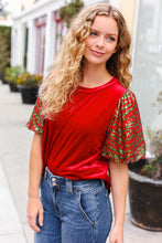 Load image into Gallery viewer, Warmest Wishes Red & Green Sequin Puff Sleeve Velvet Top