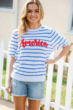Load image into Gallery viewer, America Proud Blue Striped Embroidered Puff Sleeve Top