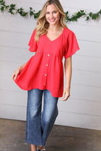 Load image into Gallery viewer, Cherry Red Babydoll Button Down Raglan Woven Top