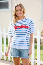 Load image into Gallery viewer, America Proud Blue Striped Embroidered Puff Sleeve Top
