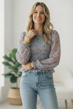 Load image into Gallery viewer, I've Got the Blues Floral Smocked Blouse
