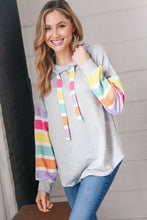 Load image into Gallery viewer, Heather Grey Multi Color Stripe Bubble Sleeve Hoodie
