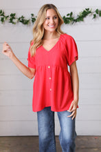 Load image into Gallery viewer, Cherry Red Babydoll Button Down Raglan Woven Top
