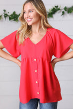 Load image into Gallery viewer, Cherry Red Babydoll Button Down Raglan Woven Top
