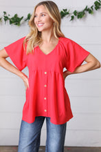 Load image into Gallery viewer, Cherry Red Babydoll Button Down Raglan Woven Top
