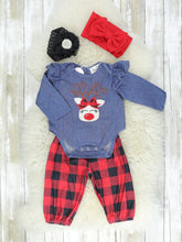 Load image into Gallery viewer, Chambray &amp; Buffalo Plaid Reindeer Romper
