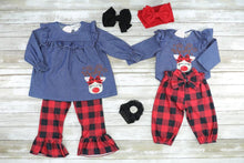 Load image into Gallery viewer, Chambray &amp; Buffalo Plaid Reindeer Romper
